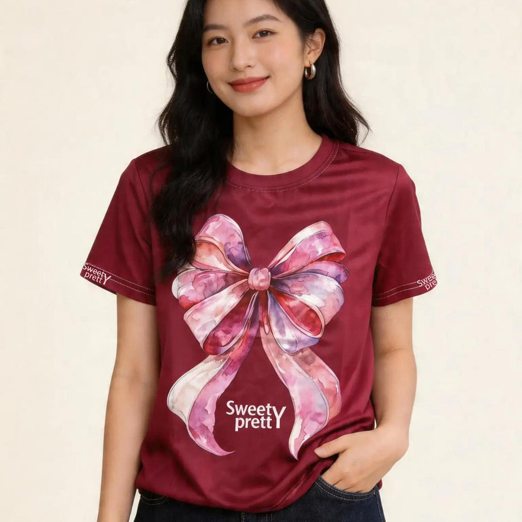 水彩リボン | Women's Burgundy Watercolor Bow Graphic Tee, Sweet Casual Top Singapore | ガーリーカジュアル T シャツ