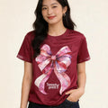 水彩リボン | Women's Burgundy Watercolor Bow Graphic Tee, Sweet Casual Top Singapore | ガーリーカジュアル T シャツ