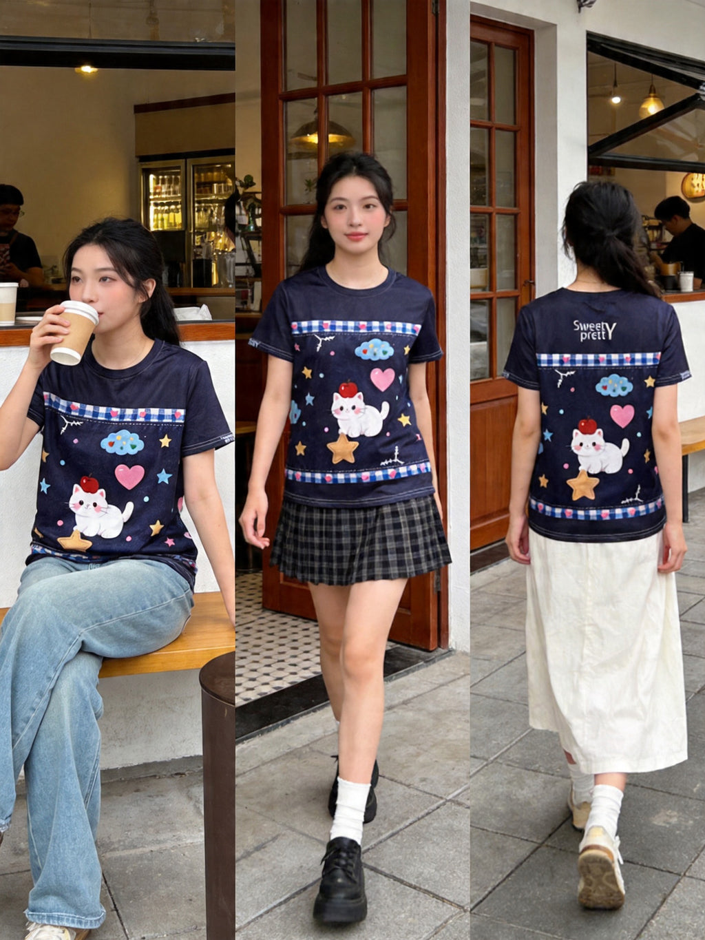 キャットデニム | Woman Walking on Street in Cat Tee With Denim Skirt, Sweet Daily Outfit Singapore | スイートデイリー T シャツ