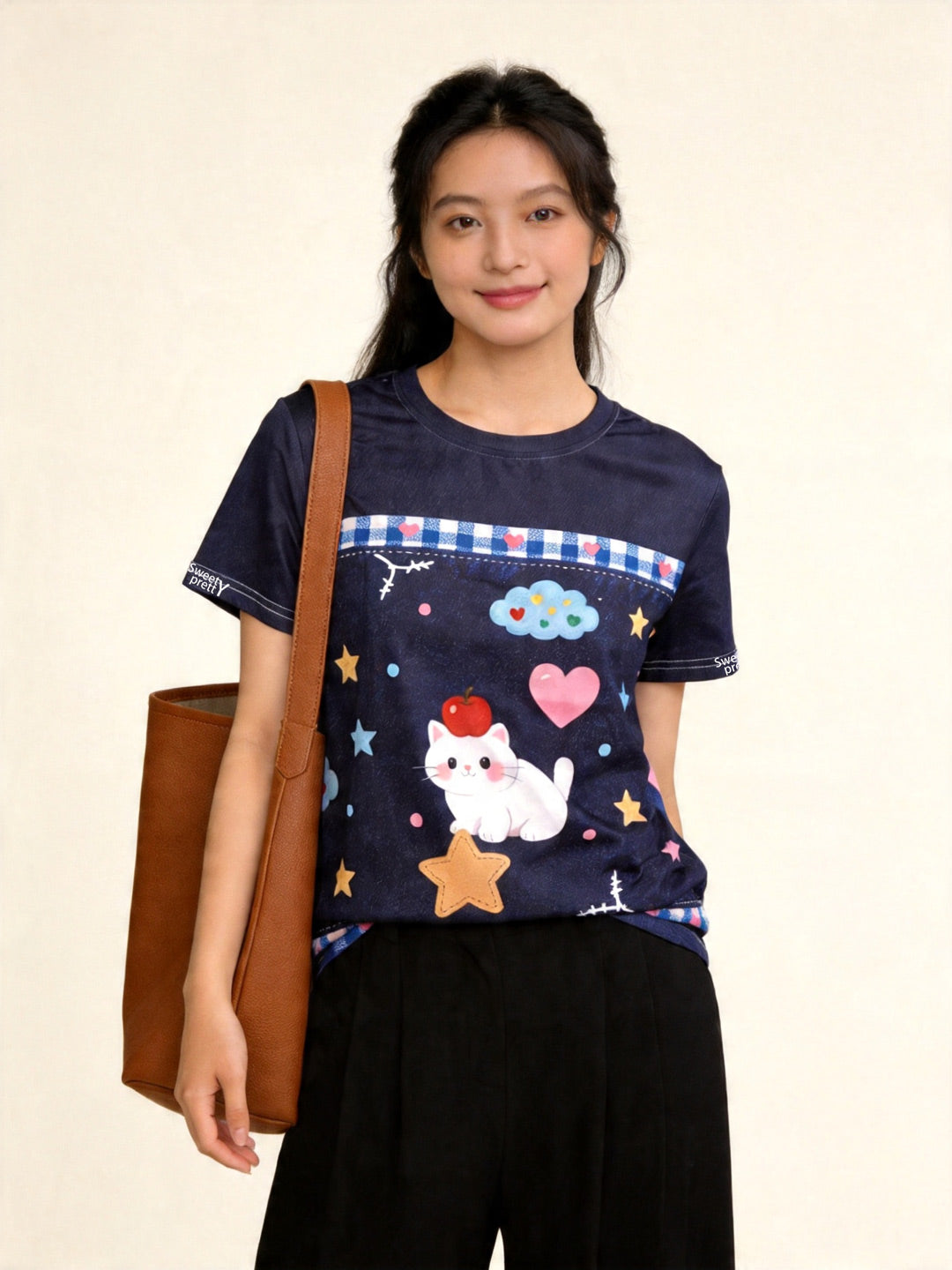 キャット柄 | Women's Navy Cat Graphic Tee With Loose Casual Pants, Comfortable Daily Singapore | リラックスデイリー T シャツ