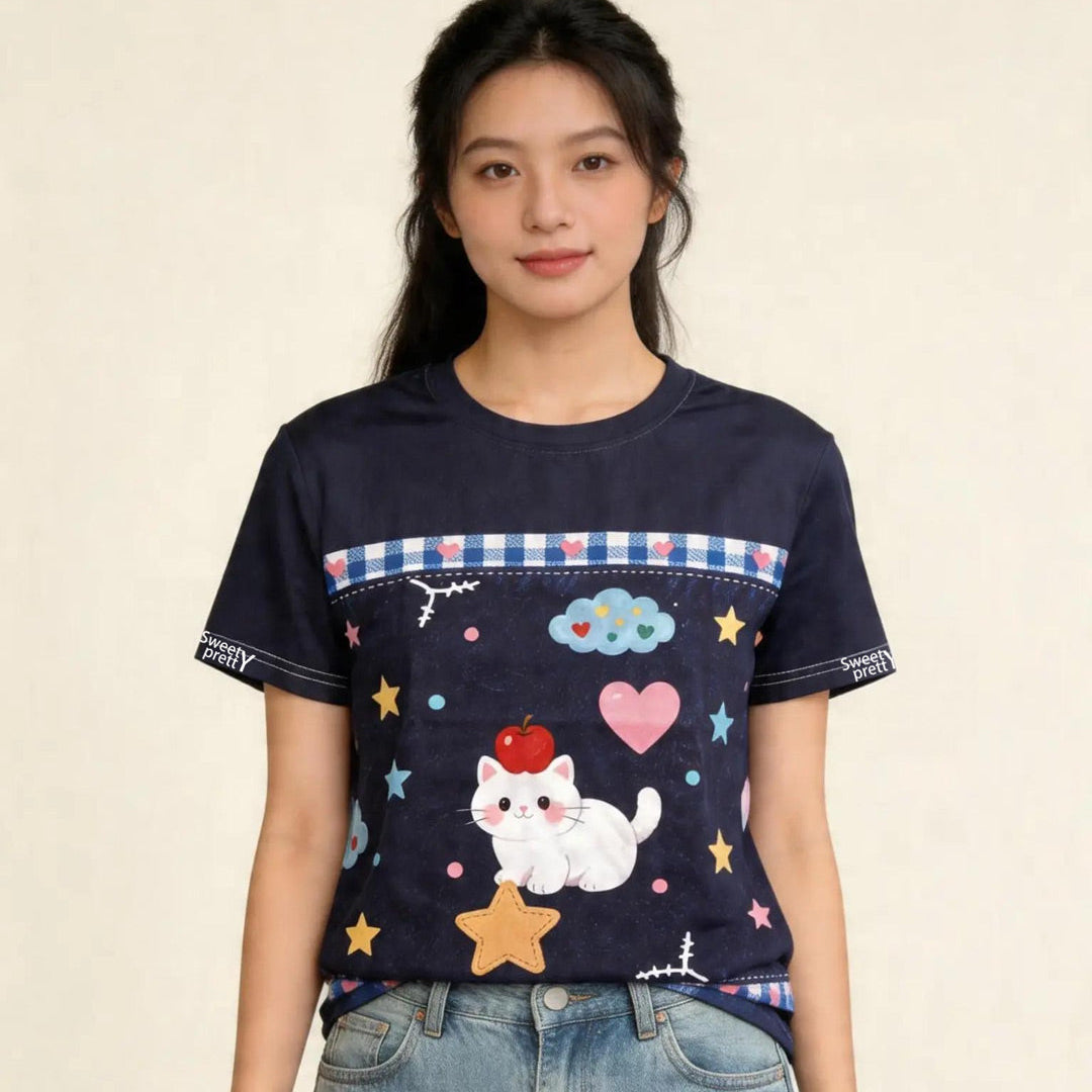 キュートキャット | Women's Navy Cute Cat Star Graphic T-Shirt, Sweet Casual Top Singapore | キュートカジュアル T シャツ