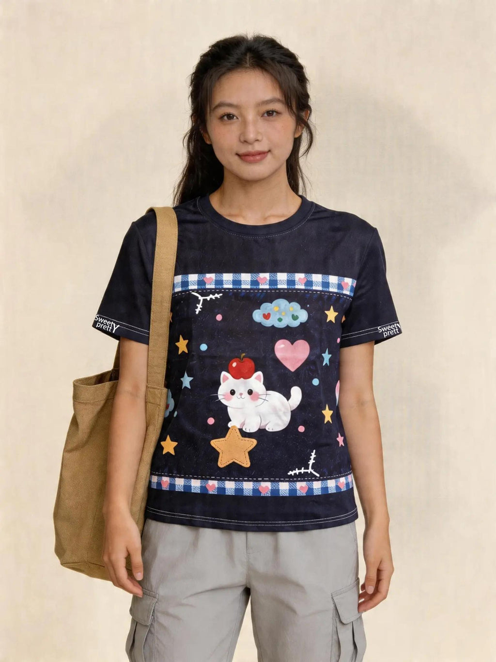 キャットコーデ | Women's Cat Graphic Tee With Canvas Tote Bag, Daily Casual Outfit Singapore | デイリーカジュアル T シャツ