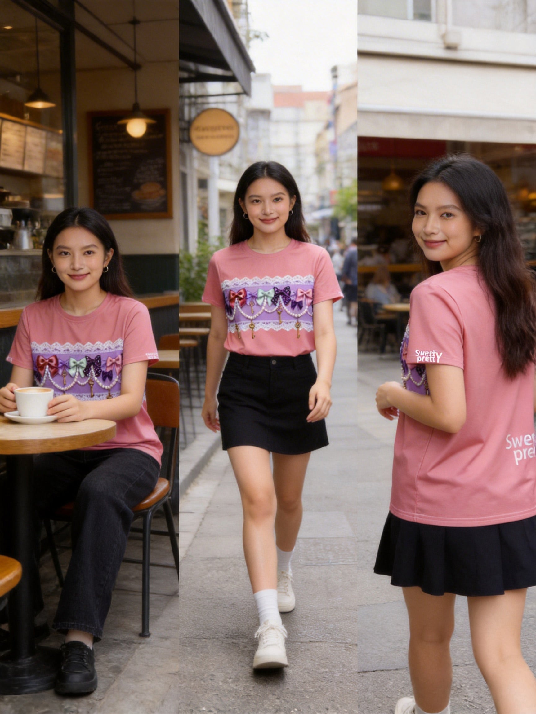 ピンクリボンキー T シャツ | Women's Pink Bow Key Graphic T-Shirt, Trendy Sweet Casual Top for Daily Wear Singapore | トレンド甘めデイリーカジュアルトップス
