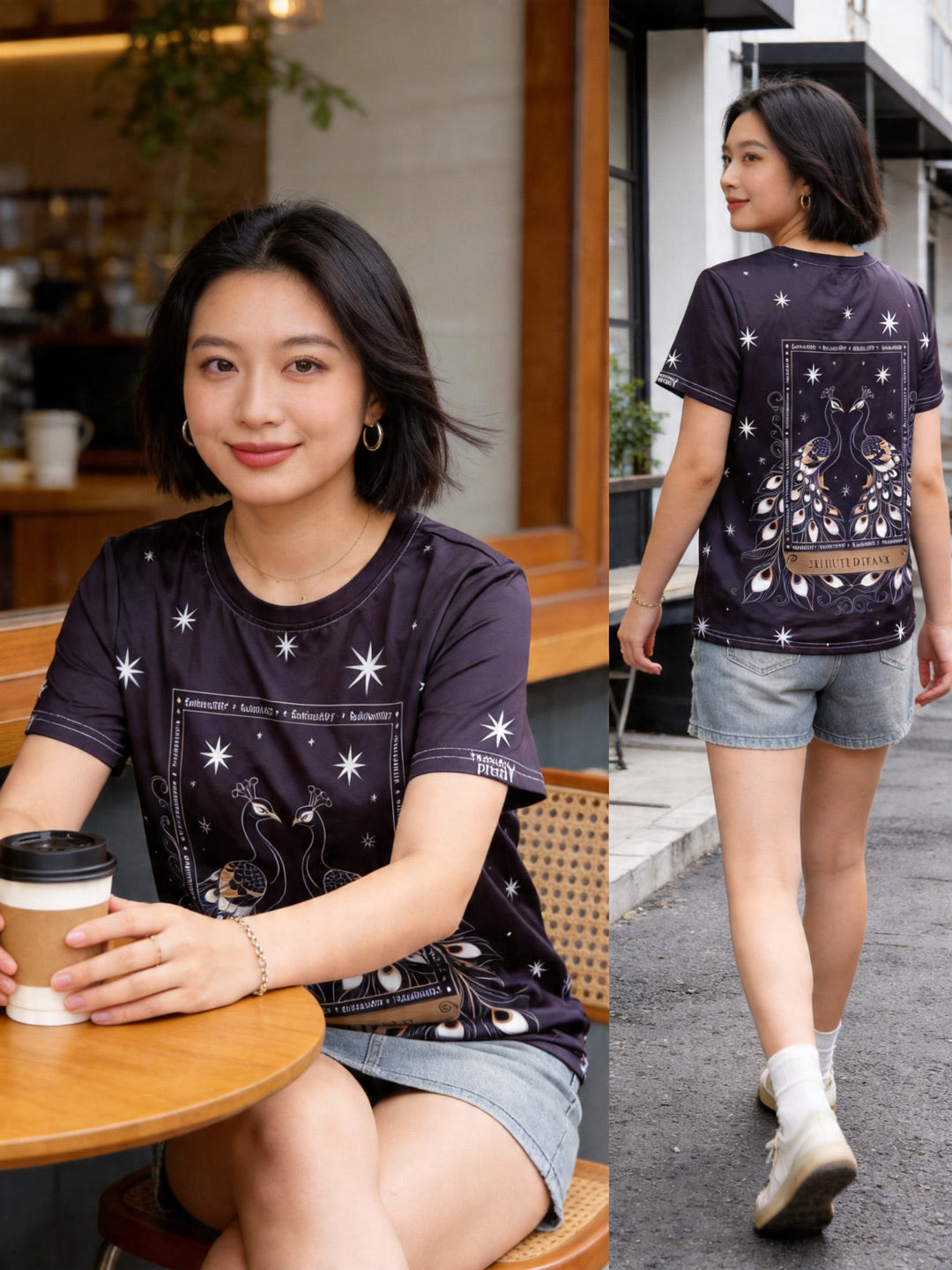 シティ孔雀 | Woman Wearing Peacock Star Tee Walking On City Street, Casual Daily Style Singapore | 街着トップス
