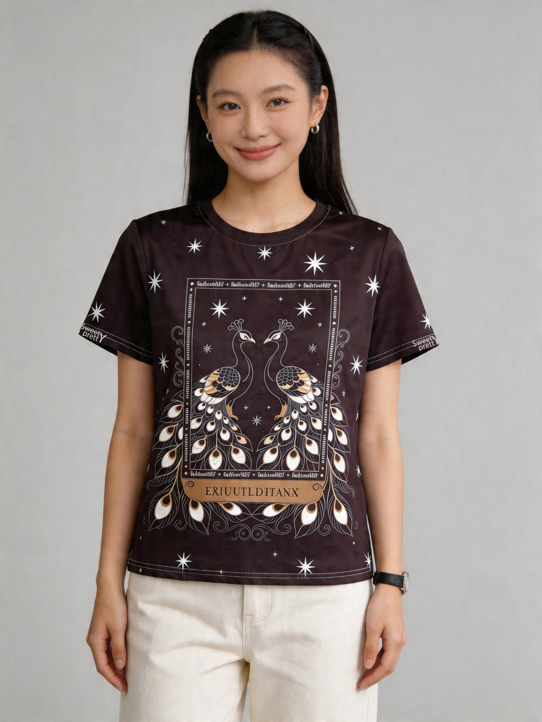 神秘孔雀 柄 | Women's Mystical Peacock Print Tee With Pants, Casual Street Outfit Singapore | アニマル柄カットソー シンガポール
