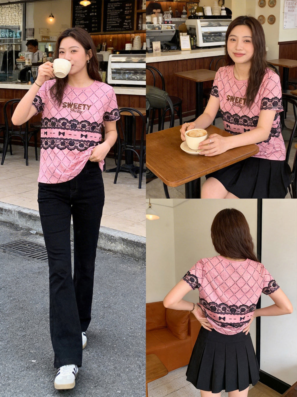 Women's Pink Rose Lace Bow Graphic Tee, Sweet Cool Casual Summer Top Singapore