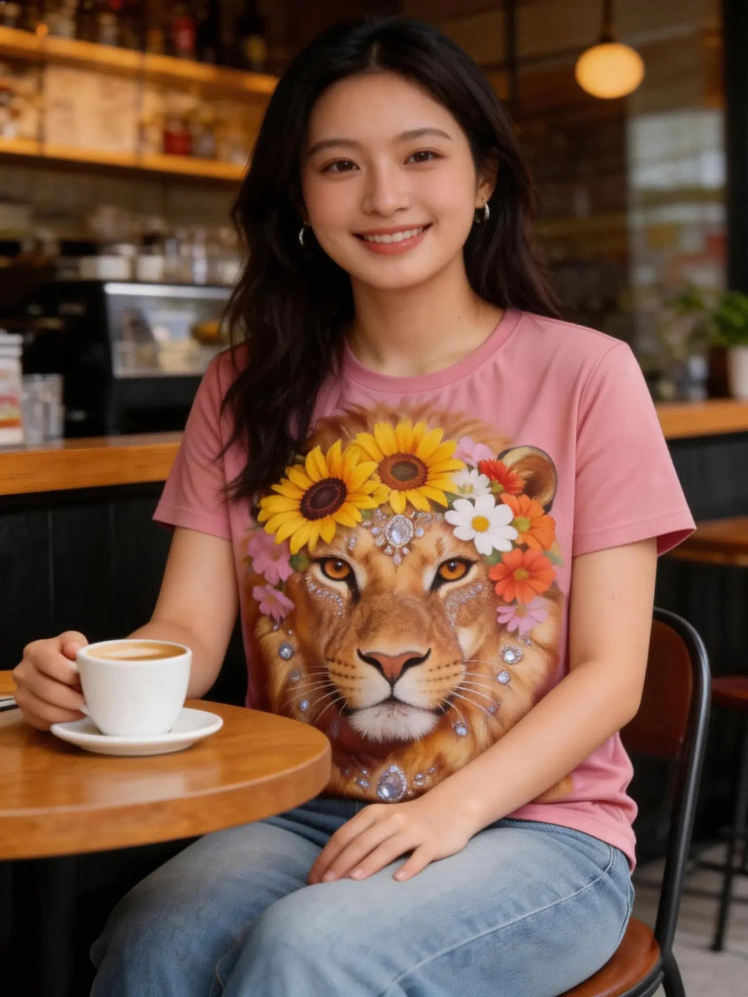 ピンクライオン T シャツ | Women's Pink Lion Art T-Shirt, Cute Brunch Outfit for Singapore Cafes | カフェブランチコーデ