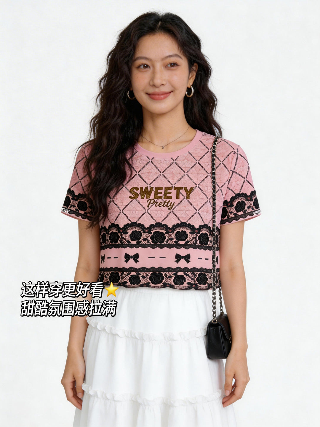 ヴィンテージリボン T シャツ | Women's Vintage Bow T-Shirt, Crossbody Bag Styling, Sweet Date Outfit Singapore | 甘めデートコーデ