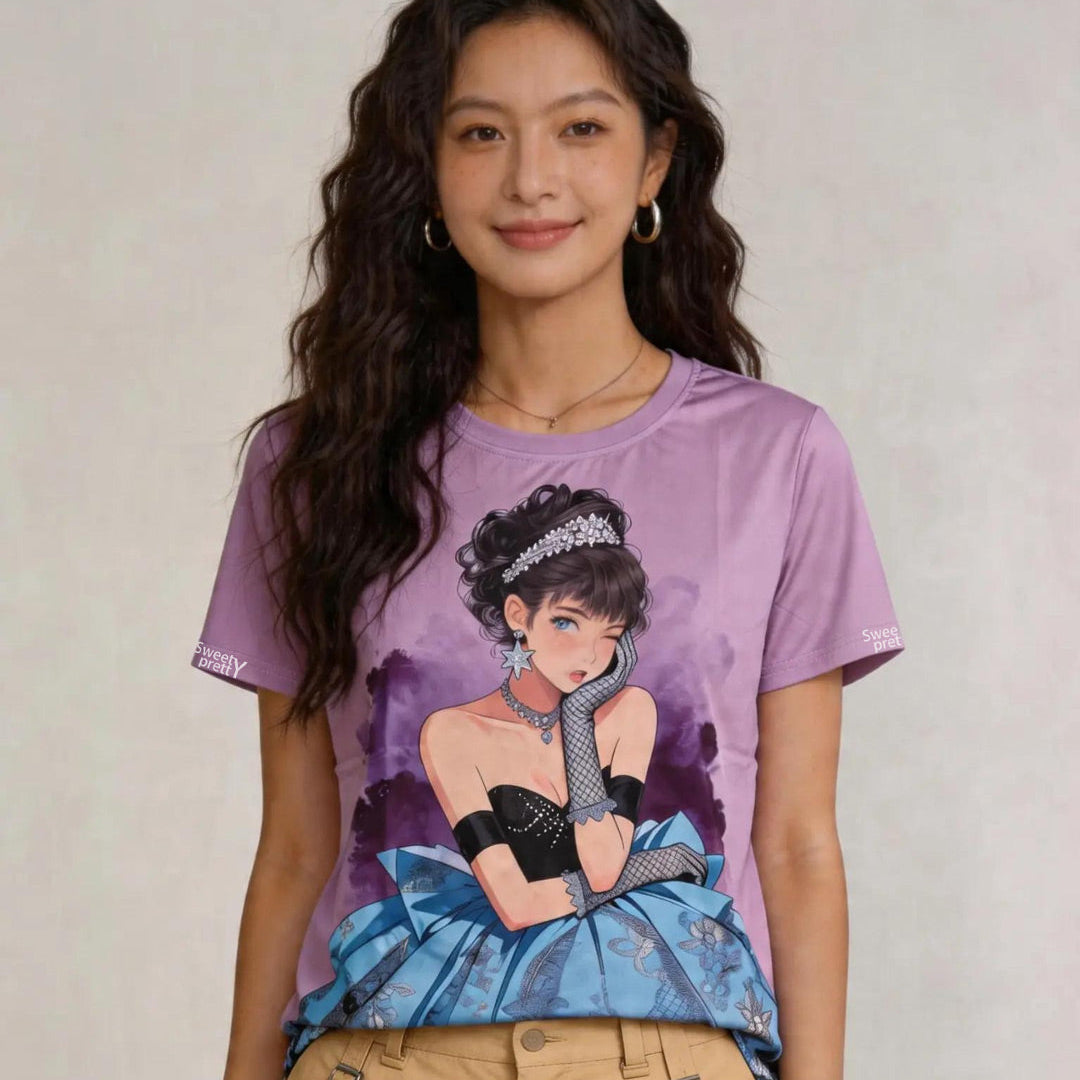 バレリーナパープル | Women's Purple Elegant Ball Gown Girl Graphic T-Shirt, Sweet Casual Top Singapore | エレガントカジュアル T シャツ
