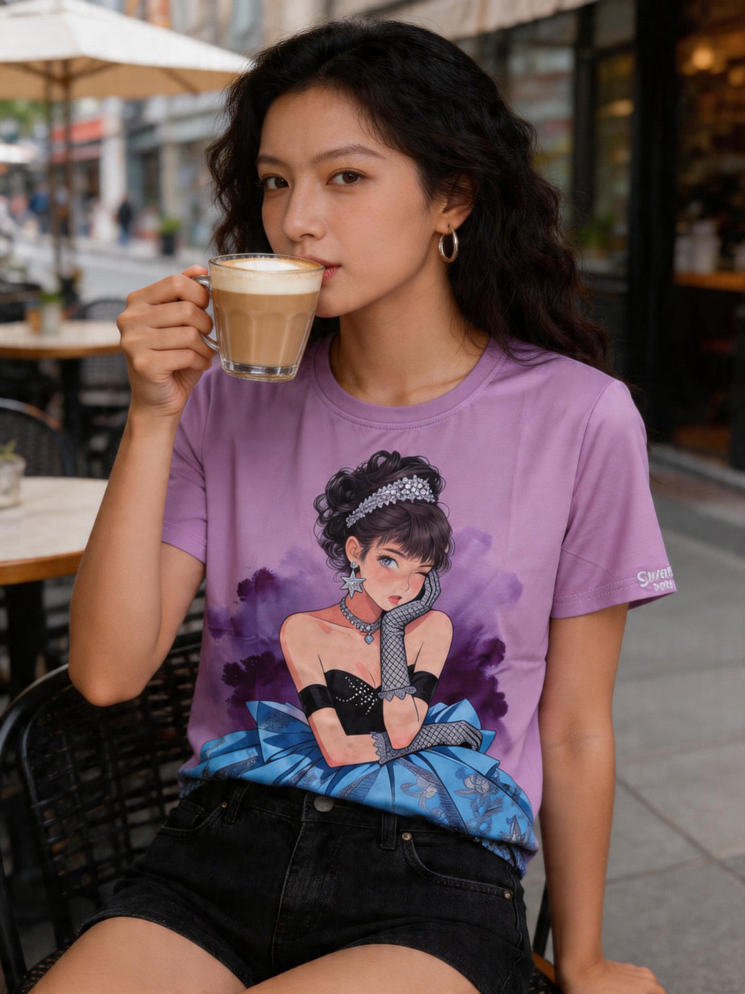 Women's Retro Anime Princess Graphic Tee, Purple Watercolor Coquette Top SG