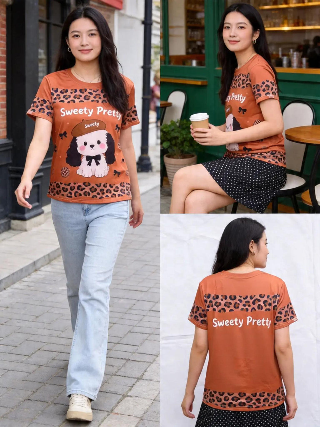 パピードット | Woman Wearing Caramel Puppy Tee With Polka Dot Skirt, Coffee Outfit Singapore | カジュアルコーデ T シャツ