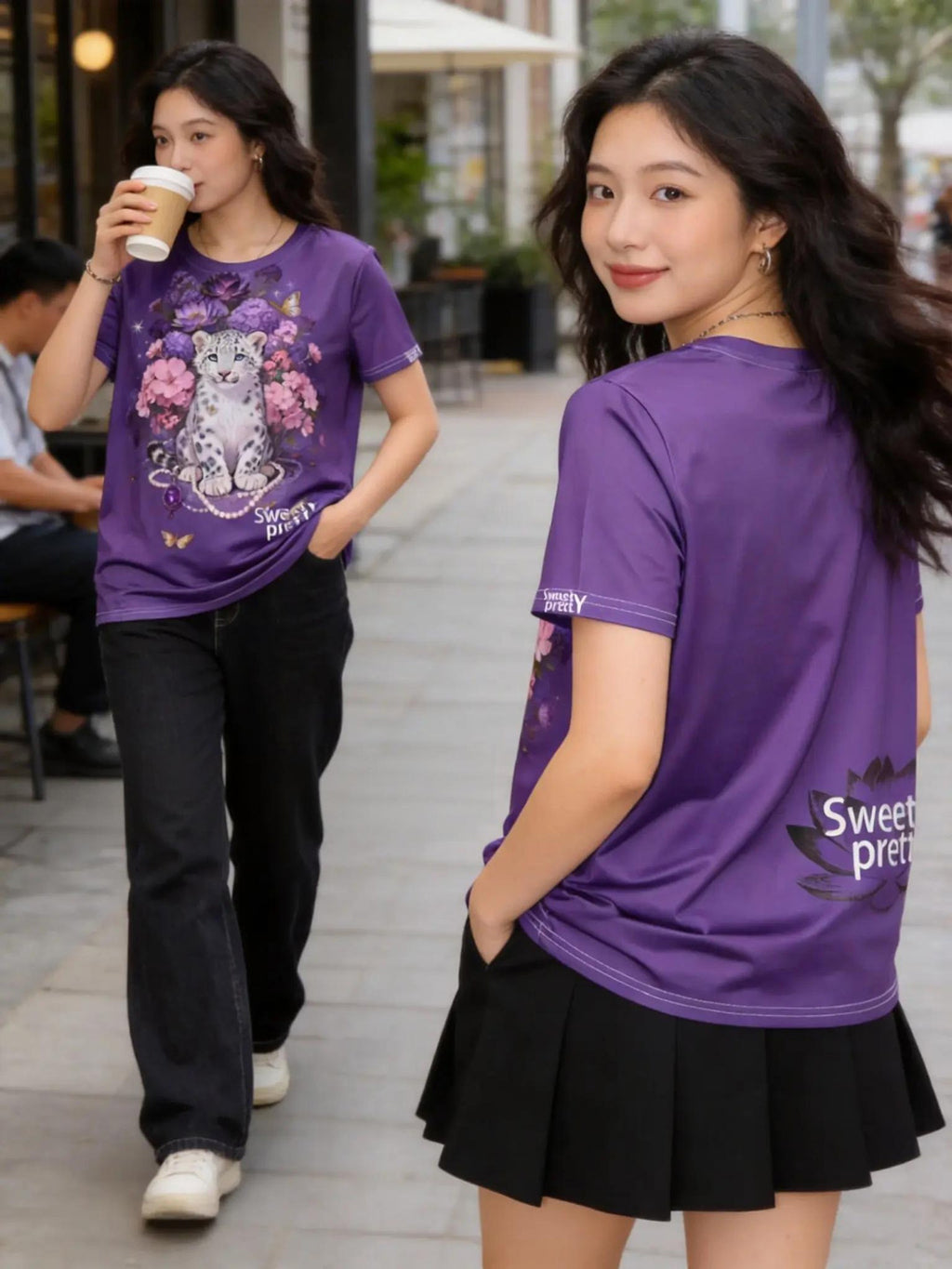 パープルスノーレオパード花柄 T シャツ | Women's Purple Snow Leopard Floral T-Shirt, Flattering Fit Breathable Quick Dry Top | 美シルエット速乾透気トップス