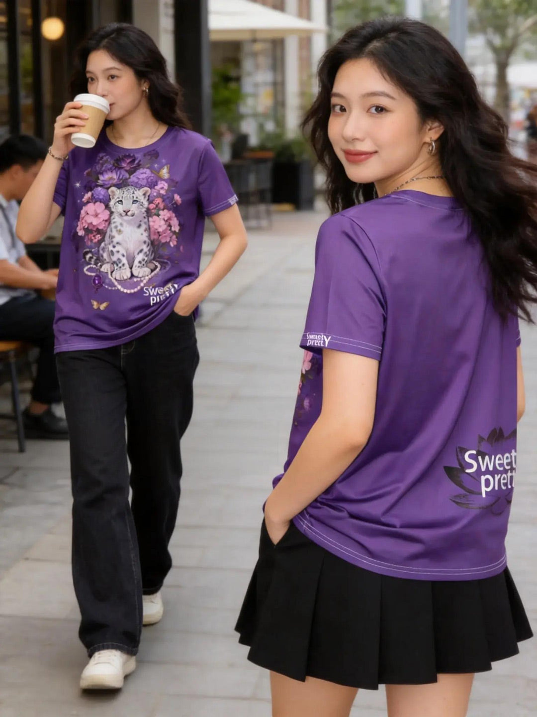 パープルスノーレオパード花柄 T シャツ | Women's Purple Snow Leopard Floral T-Shirt, Flattering Fit Breathable Quick Dry Top | 美シルエット速乾透気トップス