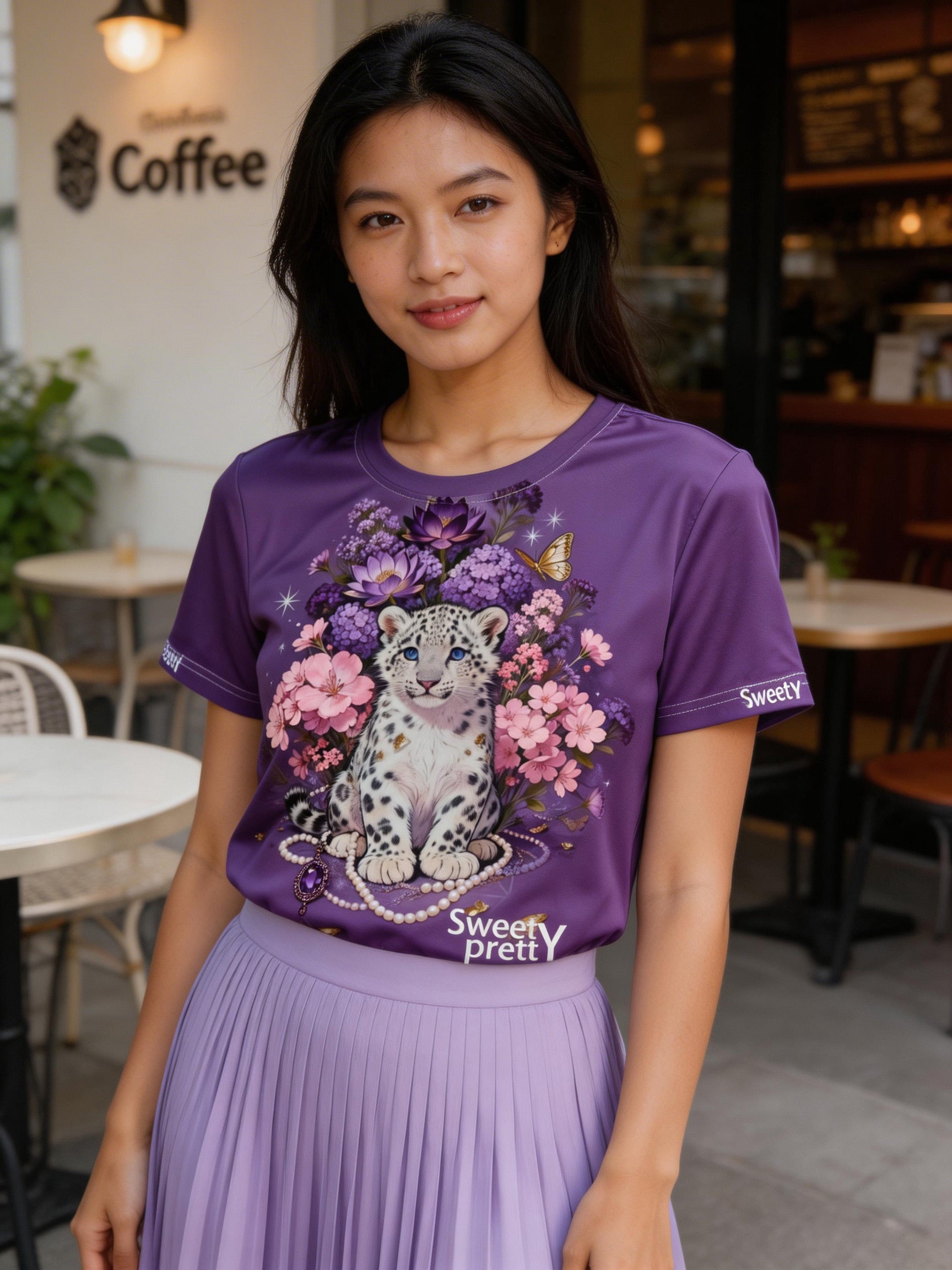 パープルスノーレオパード T シャツ | Women's Purple Snow Leopard Graphic T-Shirt, Trendy Casual Top for Daily Wear Singapore | トレンドカジュアルデイリートップス