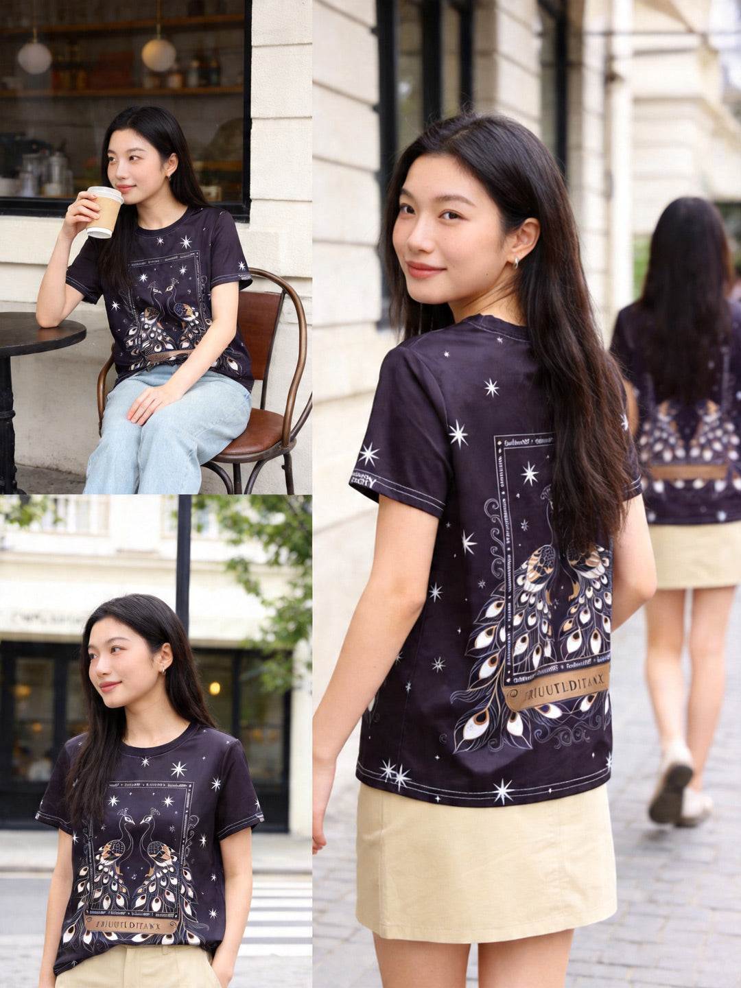 孔雀スタイル | Woman Walking on Street in Black Peacock Star Tee With Short Skirt, Casual Street Style Singapore | シティカジュアル T シャツ
