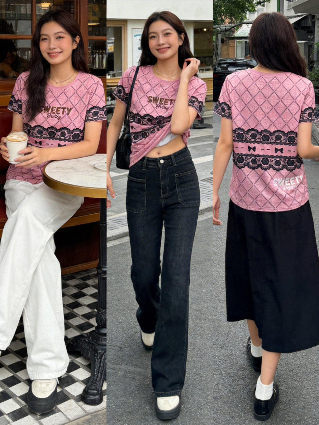 薔薇レース T シャツ | Women's Rose Lace Graphic Tee, High Waist Jeans Outfit, Edgy Street Style Singapore | ストリートコーデトップス