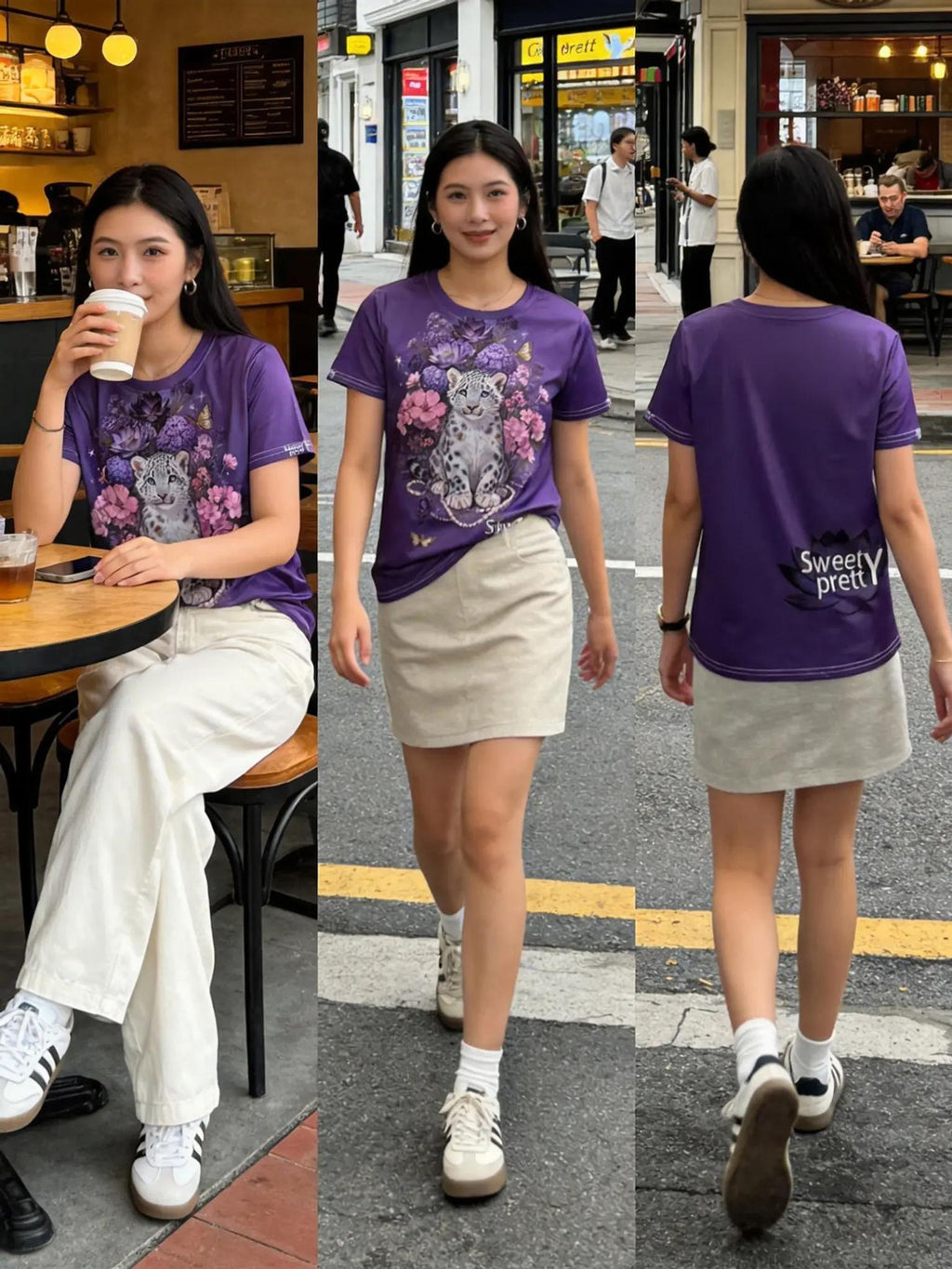 スノーレオパード花柄 T シャツ | Women's Sweet Pretty Snow Leopard Floral Tee, Versatile Casual Wear for Singapore Summer | シンガポール夏マルチに使えるカジュアルウェア