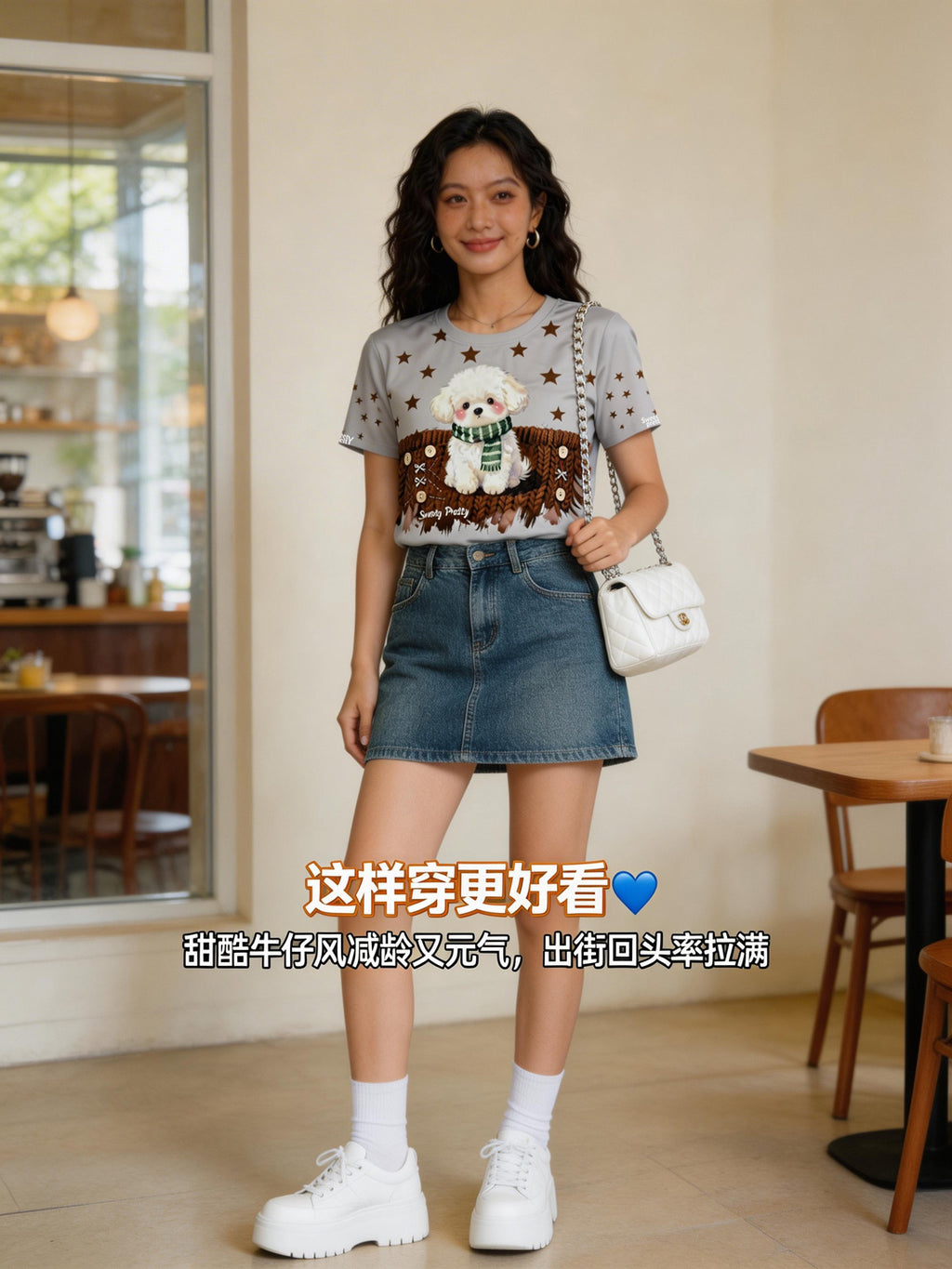 ドッグプリント T シャツ | Women's Sweet Dog Print T-Shirt, Denim Shorts Summer Look, Light Casual Wear Singapore | 軽やかカジュアル T シャツ