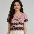 レースリボン T シャツ | Women's Pink Rose Lace Bow Graphic T-Shirt, Sweet Casual Summer Top Singapore | ピンク薔薇レース T シャツ