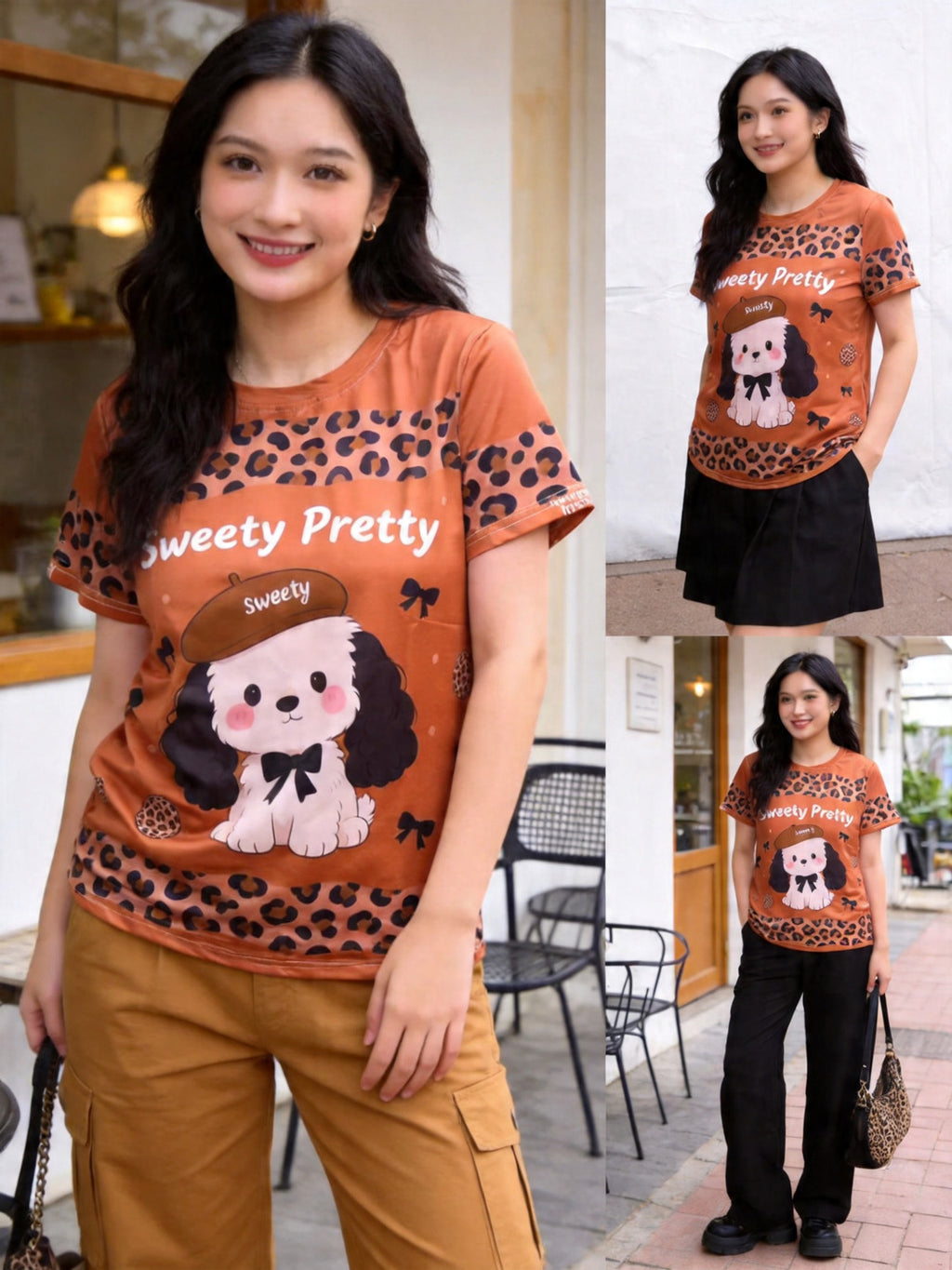 パピーレオパード | Woman Wearing Puppy Leopard Tee Walking On City Street, Casual Daily Style Singapore | デイリーカジュアル T シャツ