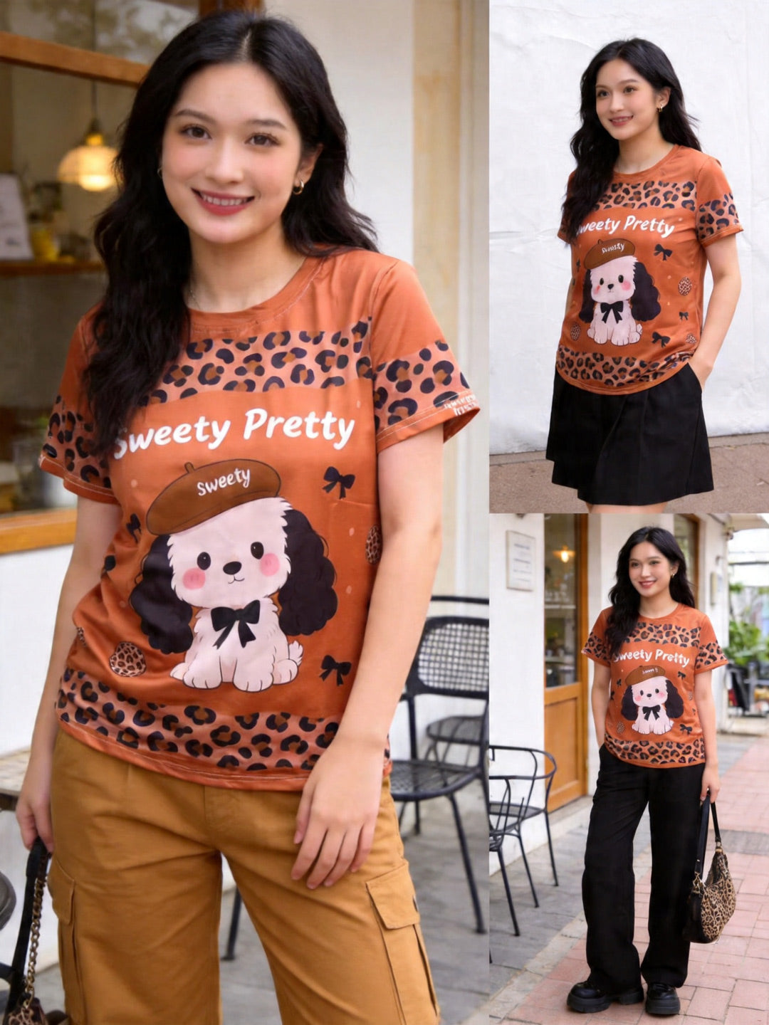 パピーレオパード | Woman Wearing Puppy Leopard Tee Walking On City Street, Casual Daily Style Singapore | デイリーカジュアル T シャツ
