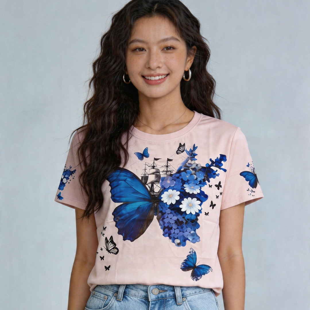 Light Pink Butterfly Floral Tee Singapore | ピンク 蝶々 花柄Tシャツ シンガポール
