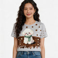 ビションフリーゼ T シャツ | Women's Grey Cute Bichon Frise Star Graphic T-Shirt, Sweety Pretty Casual Summer Top Singapore | グレー わんこプリント T シャツ