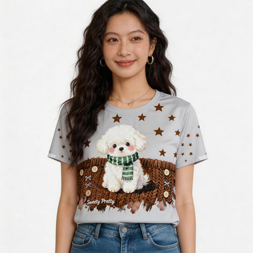 ビションフリーゼ T シャツ | Women's Grey Cute Bichon Frise Star Graphic T-Shirt, Sweety Pretty Casual Summer Top Singapore | グレー わんこプリント T シャツ